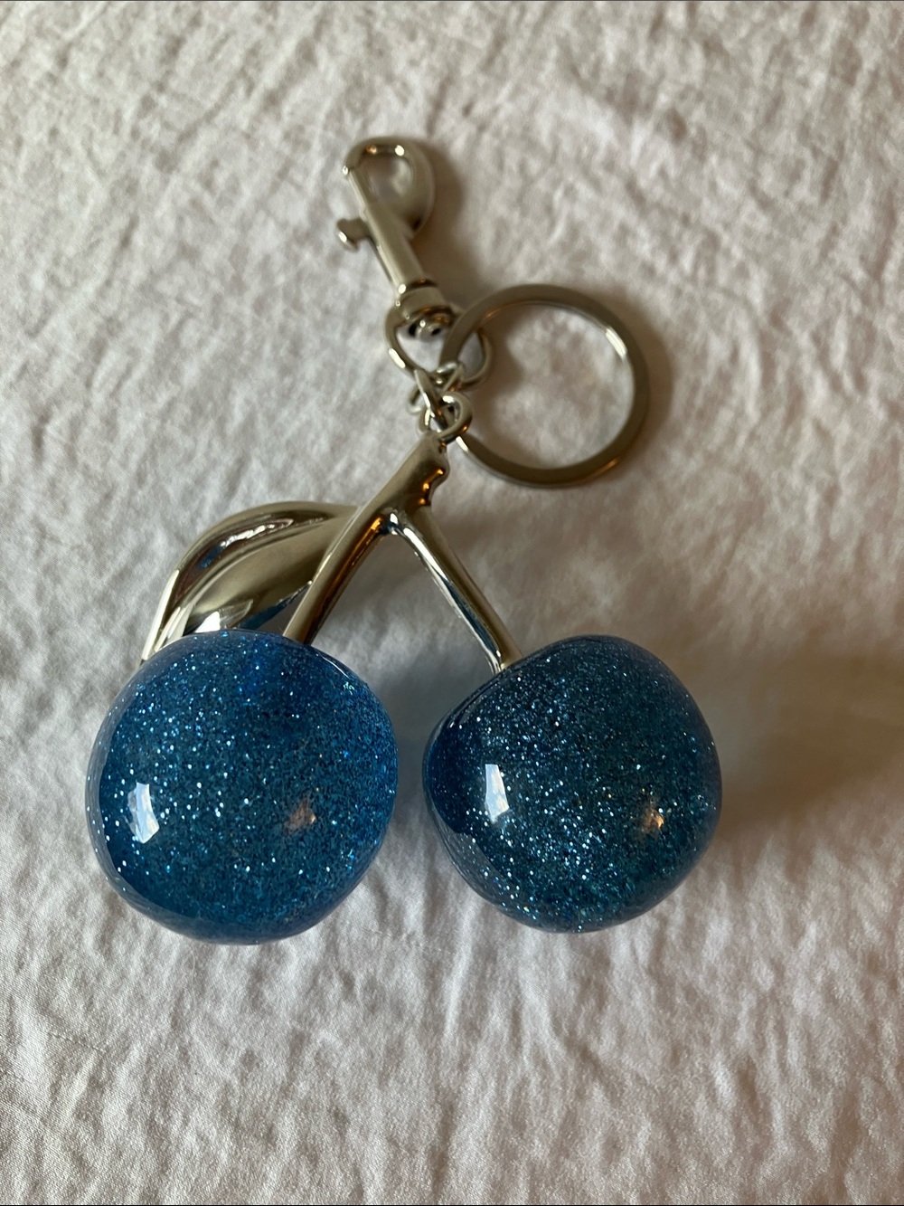 Silver Tone Blue Cherry Keychain Charm